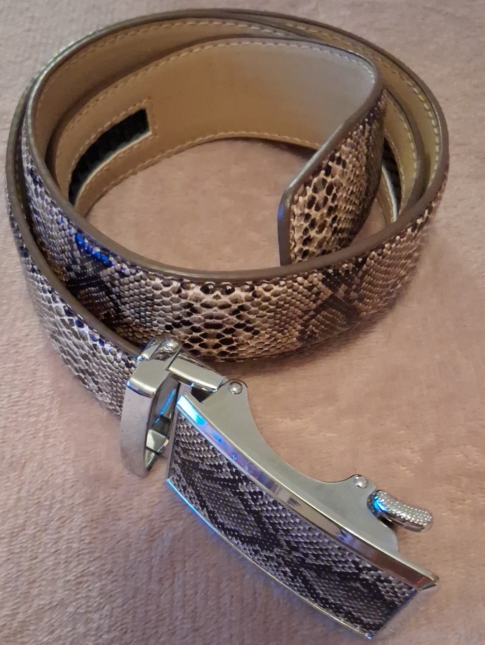Snake-Print Leather Dress Belt in Brown